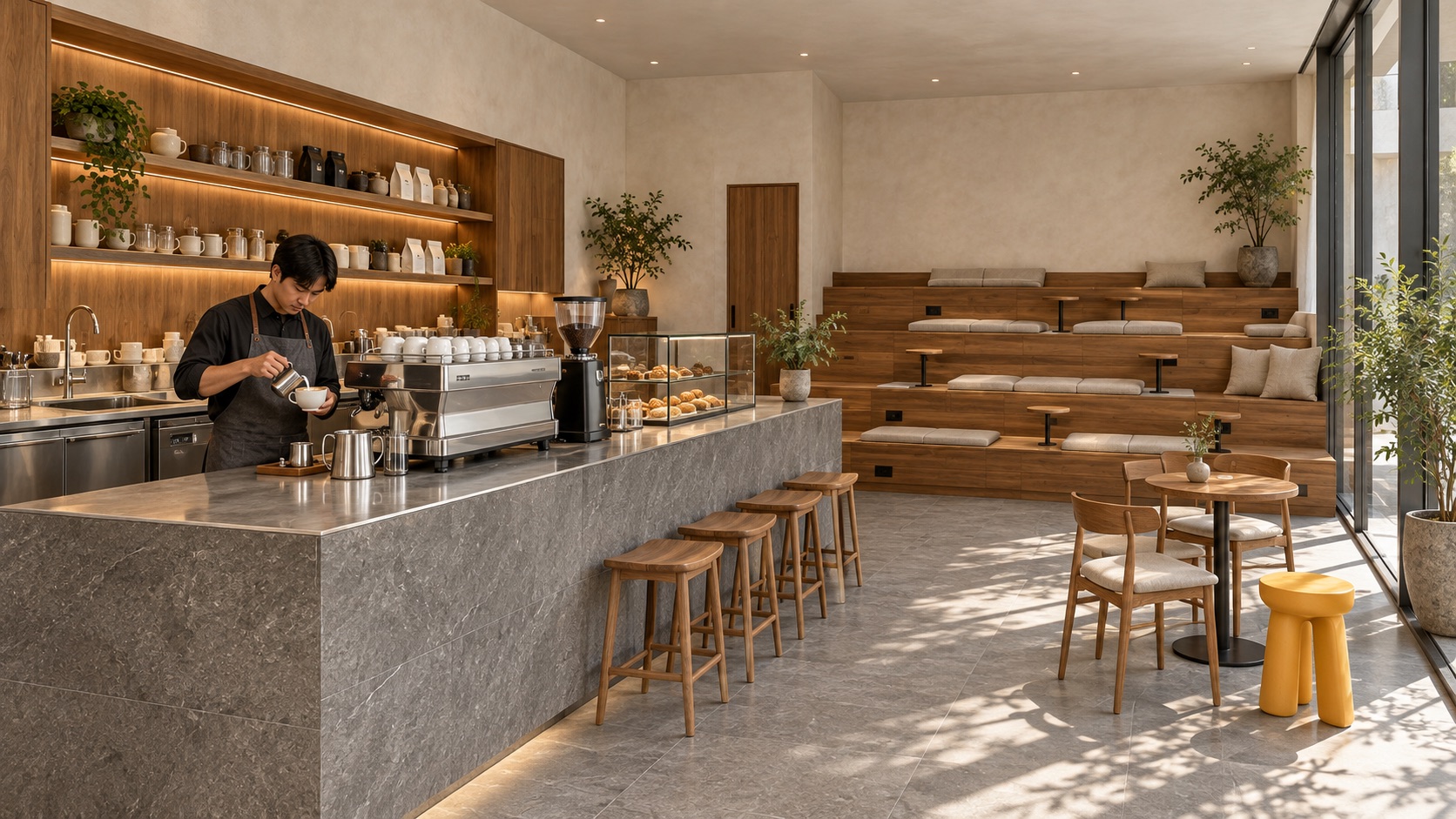 Coffee bar berlapis batu andesit dengan mesin espresso aluminium dan back bar jati, barista menuang latte