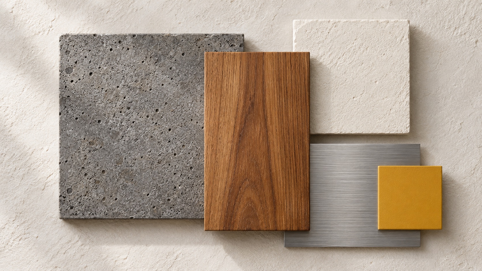 Material board: batu andesit, kayu jati, plaster kapur, aluminium, dan satu swatch kuning kunyit