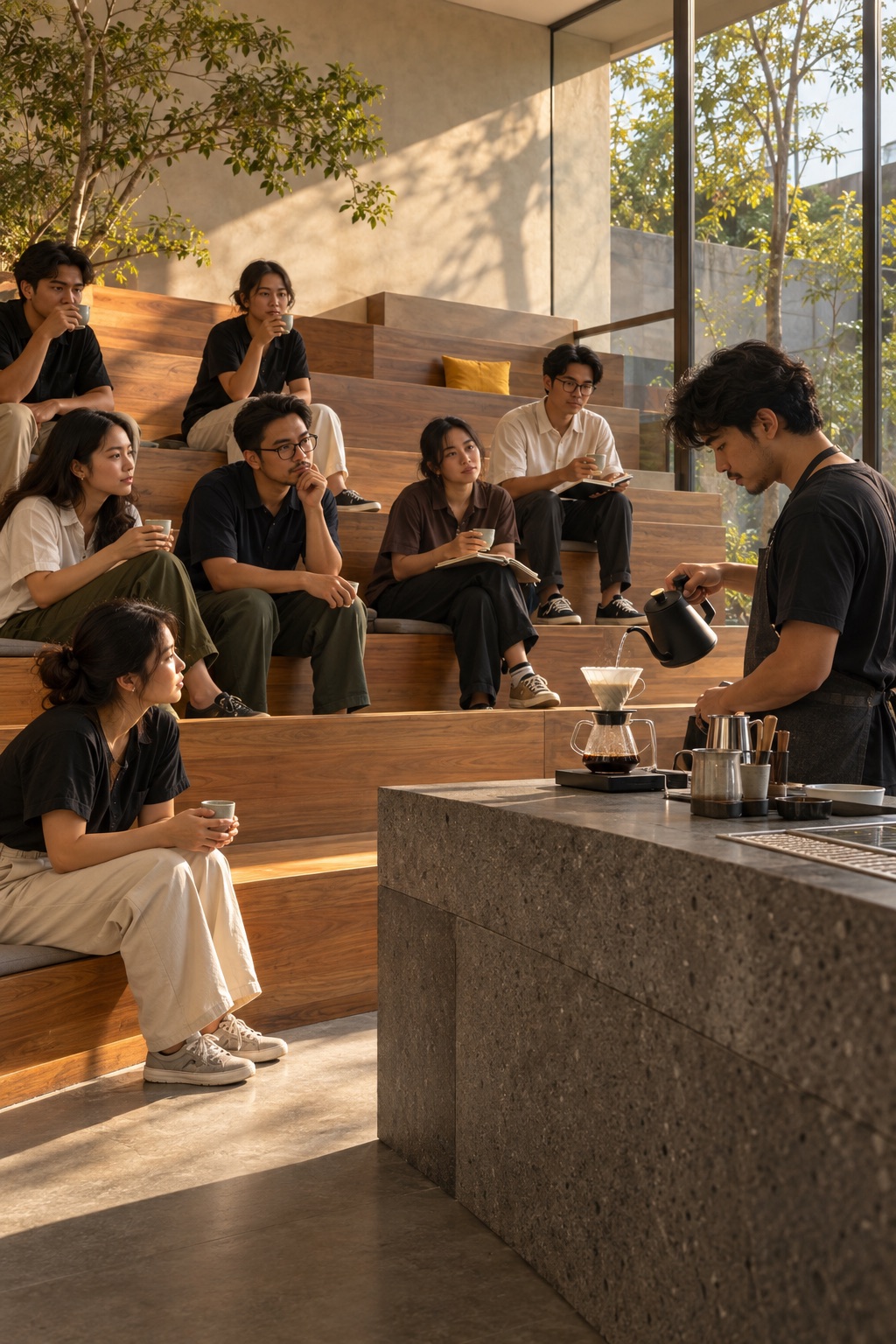 Kelas manual brew di tribun jati: barista menuang V60, mahasiswa duduk di tingkat tribun